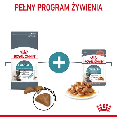 Royal Canin Hairball Care: opakowanie suchej karmy, saszetka mokrej karmy 85 g, kawałki karmy i porcja w sosie. Widoczny napis: Pełny program żywienia.