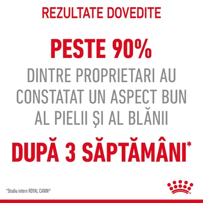REZULTATE DOVEDITE: Peste 90% dintre proprietari au constatat un aspect bun al pielii și al blănii după 3 săptămâni. *Studiu intern ROYAL CANIN