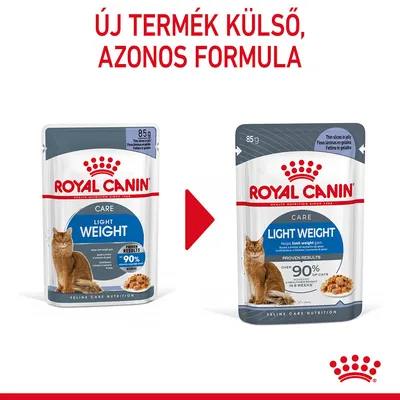 Royal Canin Light Weight macskaeledel 85 g: balra régi, jobbra új csomagolás. Felül: Új termék külső, azonos formula felirat.