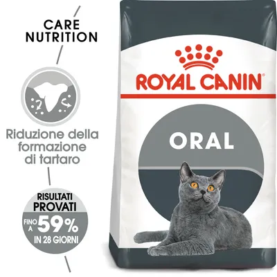 Royal Canin ORAL, riduzione della formazione di tartaro, risultati provati fino a 59% in 28 giorni, immagine di un gatto grigio su confezione Care Nutrition.