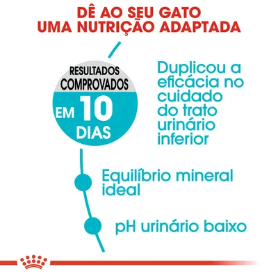 Dê ao seu gato uma nutrição adaptada. Resultados comprovados em 10 dias. Duplicou a eficácia no cuidado do trato urinário inferior. Equilíbrio mineral ideal. pH urinário baixo.