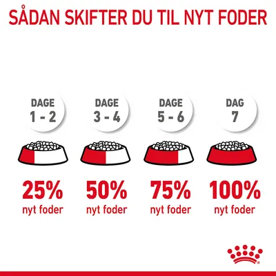 Sådan skifter du til nyt foder: Dage 1–2, 25 % nyt foder; dage 3–4, 50 %; dage 5–6, 75 %; dag 7, 100 % nyt foder. Royal Canin synlig nederst.