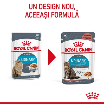Royal Canin Urinary Care 85g pentru pisici, prezentare comparativă: vechiul și noul ambalaj. Text sus: Un design nou, aceeași formulă.