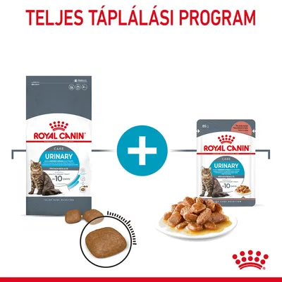 Royal Canin Urinary Care száraz és nedves macskaeledel csomagolás, tálban szószos falatokkal. Felül: TELJES TÁPLÁLÁSI PROGRAM felirat.