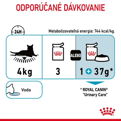 Odporúčané dávkovanie pre mačku 4 kg: 3 kapsičky alebo 1 kapsička a 37 g granúl Royal Canin Urinary Care denne. Metabolizovateľná energia: 744 kcal/kg. Voda.