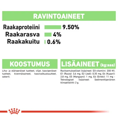 Ravintoaineet: raakaproteiini 9,5 %, raakarasva 4 %, raakakuitu 0,6 %. Koostumus: liha- ja eläinperäiset tuotteet, viljat, kasviproteiinit, kivennäisaineet, sokerit. Lisäaineet: D3-vitamiini, rauta, jodi, kupari, mangaani, sinkki, klinoptiloliitti.