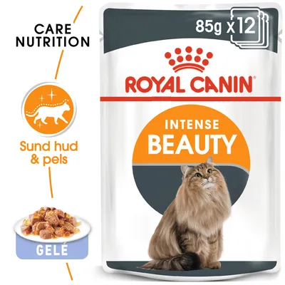 Royal Canin Intense Beauty kattefoder, 85 g x12. Tekst: Care Nutrition, Sund hud & pels, GELÉ. Billede af langhåret kat og foder i gelé.