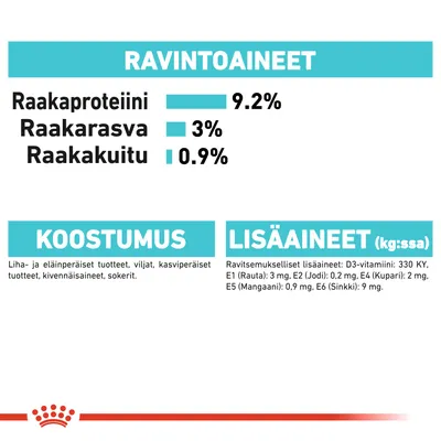 Ravintoaineet: raakaproteiini 9,2 %, raakarasva 3 %, raakakuitu 0,9 %. Koostumus: liha- ja eläinperäiset tuotteet, viljat, kasvipohjaiset tuotteet, kivennäisaineet, sokerit. Lisäaineet: D3-vitamiini, rauta, jodi, kupari, mangaani, sinkki.