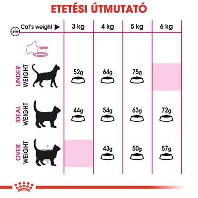 Etetési útmutató macskák testsúly és súlycsoport szerint: 3–6 kg, alulsúly 52–75 g, ideális súly 44–72 g, túlsúly 43–57 g. Víz biztosítása javasolt.
