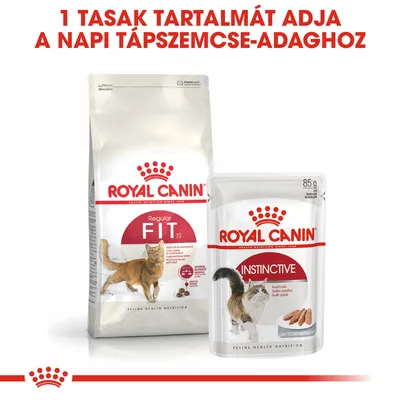1 tasak tartalmát adja a napi tápszemcse-adaghoz. Royal Canin Regular Fit 32 száraz macskatáp és Royal Canin Instinctive 85 g nedves eledel csomagolása látható.