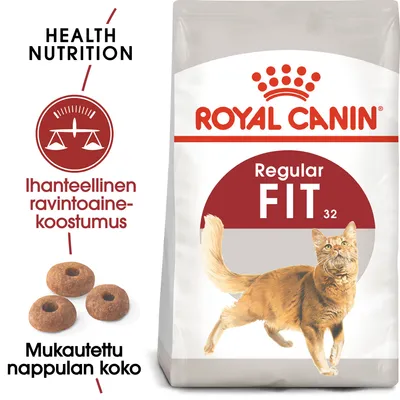 Royal Canin Regular Fit 32 kissanruoka, pakkauksessa oranssi kissa. Tekstit: Health Nutrition, Ihanteellinen ravintoainekoostumus, Mukautettu nappulan koko.