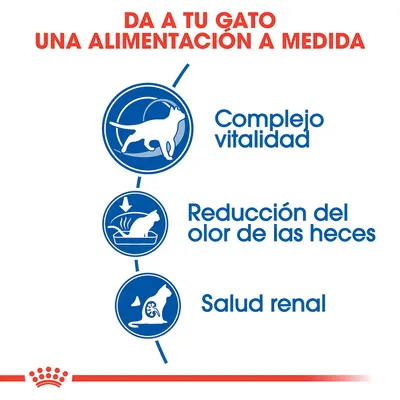 Da a tu gato una alimentación a medida. Complejo vitalidad, reducción del olor de las heces, salud renal. Texto y gráficos informativos sobre beneficios para gatos.