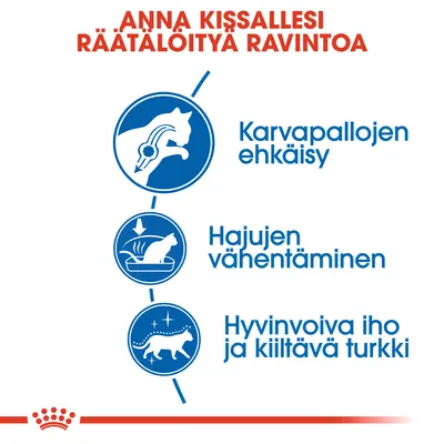 Anna kissallesi räätälöityä ravintoa. Karvapallojen ehkäisy, hajujen vähentäminen, hyvinvoiva iho ja kiiltävä turkki.
