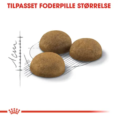 Tre foderpiller med tekst: TILPASSET FODERPILLE STØRRELSE. Skitse viser diameter ca. 1 cm.