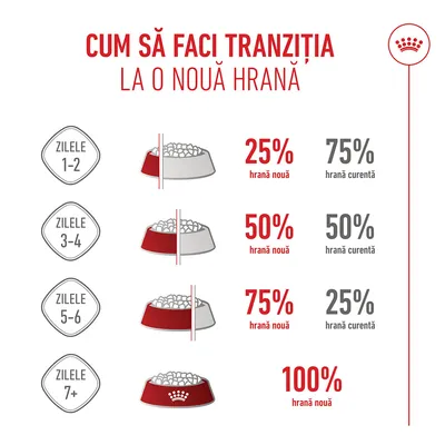 Instrucțiuni de hrănire pentru schimbarea alimentației: Zilele 1-2, 25% hrană nouă; Zilele 3-4, 50%; Zilele 5-6, 75%; din ziua 7, 100% hrană nouă. Instrucțiuni de hrănire pentru schimbarea alimentației: Zilele 1-2, 25% hrană nouă; Zilele 3-4, 50%; Zilele 5-6, 75%; din ziua 7, 100% hrană nouă.