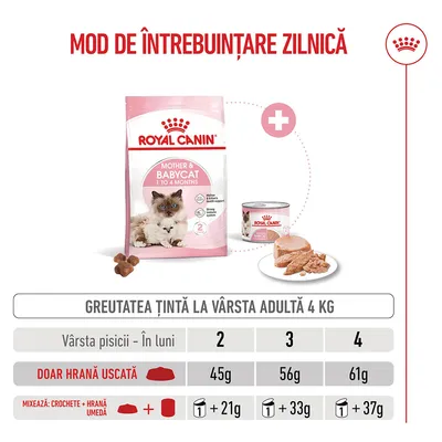 Tabel de hrănire pentru Royal Canin Mother & Babycat: Cantitatea recomandată de hrană uscată și umedă în funcție de vârsta pisicii în luni, informații pentru 2, 3 și 4 luni. Tabel de hrănire pentru Royal Canin Mother & Babycat: Cantitatea recomandată de hrană uscată și umedă în funcție de vârsta pisicii în luni, informații pentru 2, 3 și 4 luni.
