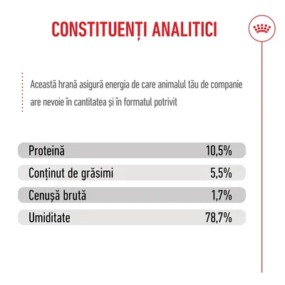 Componente analitice: proteină 10,5%, conținut de grăsime 5,5%, cenușă brută 1,7%, umiditate 78,7%. Componente analitice: proteină 10,5%, conținut de grăsime 5,5%, cenușă brută 1,7%, umiditate 78,7%.