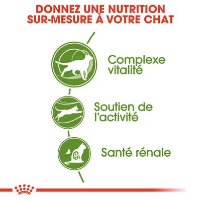 Donnez une nutrition sur-mesure à votre chat. Complexe vitalité, soutien de l’activité, santé rénale.