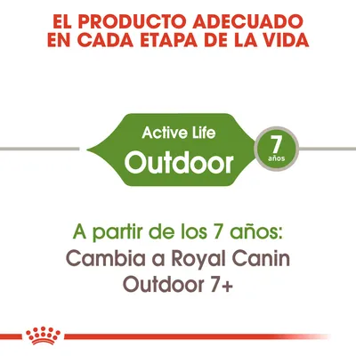 Texto: El producto adecuado en cada etapa de la vida. Active Life Outdoor 7 años. A partir de los 7 años: Cambia a Royal Canin Outdoor 7+.