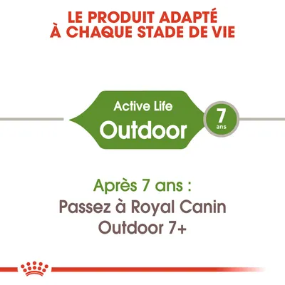 Texte : Le produit adapté à chaque stade de vie. Active Life Outdoor 7 ans. Après 7 ans : Passez à Royal Canin Outdoor 7+.