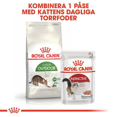 Royal Canin Active Life Outdoor torrfoder och Royal Canin Instinctive våtfoder 85 g. Text: Kombinera 1 påse med kattens dagliga torrfoder.