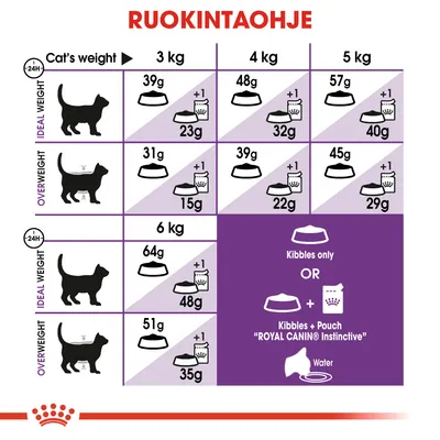 Ruokintaohje kissan painon mukaan: 3 kg, 4 kg, 5 kg, 6 kg. Ihannepaino ja ylipaino, annoskoot kuivaruualle ja märkäruualle grammoina. Royal Canin Instinctive mainittu.