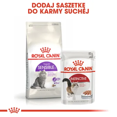 ROYAL CANIN Regular Sensible 33 karma sucha i ROYAL CANIN Instinctive saszetka 85 g dla kotów. Napis: Dodaj saszetkę do karmy suchej.