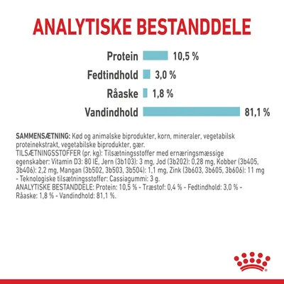 Analytiske bestanddele: Protein 10,5 %, Fedtindhold 3,0 %, Råaske 1,8 %, Vandindhold 81,1 %. Sammensætning og tilsætningsstoffer er også vist med detaljeret tekst.