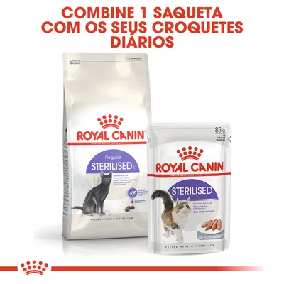 Royal Canin Sterilised para gatos esterilizados: embalagem de croquetes e saqueta de 85 g. Texto visível: Combine 1 saqueta com os seus croquetes diários.