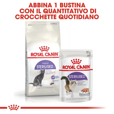 ROYAL CANIN Regular Sterilised 37 crocchette e Sterilised bustina 85 g per gatti. Testo: Abbina 1 bustina con il quantitativo di crocchette quotidiano.
