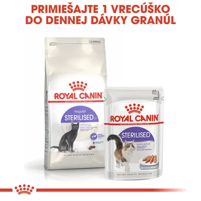 Royal Canin Sterilised granuly a kapsička pre sterilizované mačky, nápis: Primiešajte 1 vrecúško do dennej dávky granúl. Kapsička 85 g, balenie granúl s obrázkom mačky.