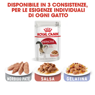 Royal Canin Instinctive 85 g, disponibile in 3 consistenze: morbido patè, salsa, gelatina. Testo: Disponibile in 3 consistenze, per le esigenze individuali di ogni gatto.