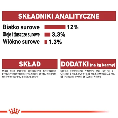 Składniki analityczne: białko surowe 12 %, oleje i tłuszcze surowe 3,3 %, włókno surowe 1,3 %. Skład: mięso, produkty pochodzenia zwierzęcego i roślinnego, zboża, minerały, cukry. Dodatki: witaminy, minerały.