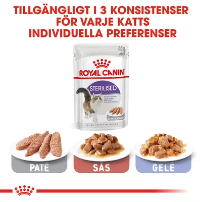 Royal Canin Sterilised kattmat, 85 g. Tillgängligt i tre konsistenser: paté, sås och gelé. Text: Tillgängligt i 3 konsistenser för varje katts individuella preferenser.