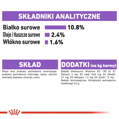 Składniki analityczne: białko surowe 10,8 %, oleje i tłuszcze surowe 2,4 %, włókno surowe 1,6 %. Skład: mięso, produkty zwierzęce i roślinne, zboża, ekstrakty białkowe, minerały, cukry. Dodatki: witaminy, minerały.