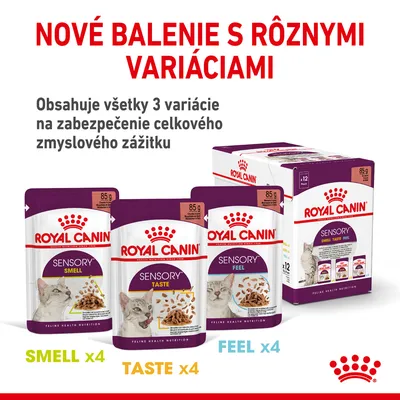 Royal Canin Sensory multipack pre mačky, 12×85 g: 4× Smell, 4× Taste, 4× Feel. Nové balenie s rôznymi variáciami. Obsahuje všetky 3 variácie na zabezpečenie celkového zmyslového zážitku.