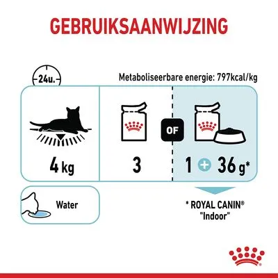 Gebruiksaanwijzing: kat 4 kg, dagelijks 3 porties natvoer of 1 portie natvoer plus 36 g droogvoer. Metaboliseerbare energie: 797 kcal/kg. Water aanbieden. Royal Canin Indoor.