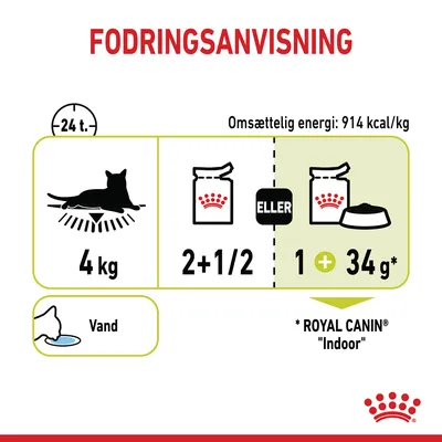 Fodringsanvisning for kat på 4 kg: 2+1/2 poser vådfoder eller 1 pose vådfoder plus 34 g tørfoder pr. døgn. Omsættelig energi: 914 kcal/kg. Vand anbefales. Royal Canin Indoor.