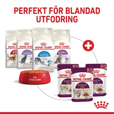 Royal Canin torrfoder Fit, Sterilised, Indoor, Sensible samt våtfoder Sensory Smell, Taste, Feel. Text: Perfekt för blandad utfodring. Röd matskål med foder synlig.