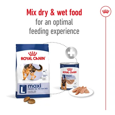 ROYAL CANIN maxi adult ξηρή τροφή για σκύλους 26–44 κιλά και κονσέρβα maxi adult. Κείμενο: Mix dry & wet food for an optimal feeding experience.