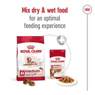 Instructional image showing to mix dry and wet food for an optimal feeding experience, with two Royal Canin medium ageing products and a plus sign between them.
