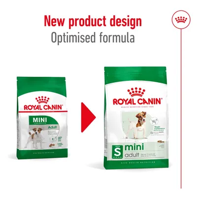 Σύγκριση παλιάς και νέας συσκευασίας Royal Canin Mini Adult. Κείμενο: New product design, Optimised formula. Νέα συσκευασία με ένδειξη Size S mini adult, εικόνα μικρού σκύλου.