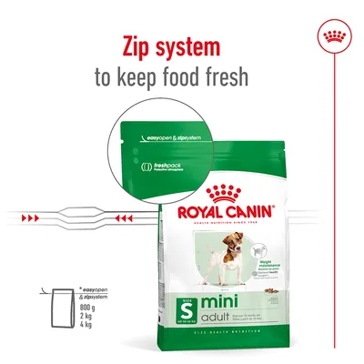 Συσκευασία Royal Canin mini adult με zip system για διατήρηση φρεσκάδας. Εμφανίζεται το κείμενο: easyopen & zipsystem, freshpack protective atmosphere. Βάρη: 800g, 2kg, 4kg.