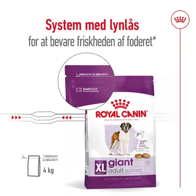 Royal Canin giant adult XL hundefoder 4 kg med easyopen & zipsystem, freshpack. System med lynlås for at bevare friskheden af foderet. Hundebillede og produktnavn synligt på posen.