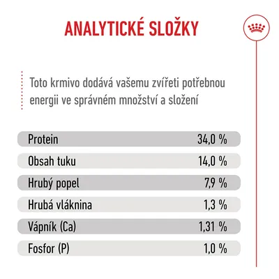 Analýza: bílkoviny 34,0 %, tuk 14,0 %, hrubý popel 7,9 %, hrubá vláknina 1,3 %, vápník 1,31 %, fosfor 1,0 % Analýza: bílkoviny 34,0 %, tuk 14,0 %, hrubý popel 7,9 %, hrubá vláknina 1,3 %, vápník 1,31 %, fosfor 1,0 %
