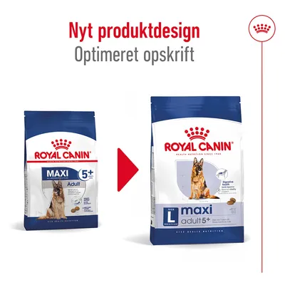 Royal Canin maxi adult 5+ hundefoder, nyt produktdesign og optimeret opskrift. To poser vises: tidligere og opdateret emballage med synlig tekst og billede af hund.