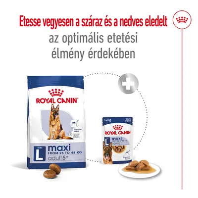 Royal Canin maxi adult 5+ L száraztáp és nedves eledel csomagolás, felirat: Etess vegyesen a száraz és a nedves eledelt az optimális etetési élmény érdekében.