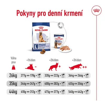 Pokyny pro denní krmení Royal Canin Maxi Adult 26–44 kg: dávky suchého nebo mokrého krmiva podle váhy psa (26, 35, 44 kg) a denní aktivity (<1h, <2h, >3h).
