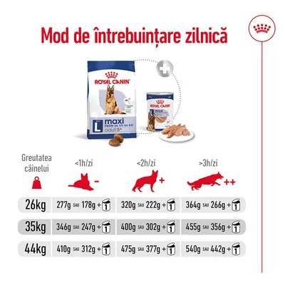 Instrucțiuni de hrănire Royal Canin Maxi Adult 5+ pentru câini 26–44 kg, în funcție de greutate și activitate: cantități zilnice recomandate pentru hrană uscată sau umedă.