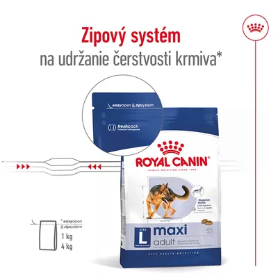 Royal Canin maxi adult s nápisom: Zipový systém na udržanie čerstvosti krmiva. Zvýraznený zipový uzáver easyopen & zipsystem, balenie 1 kg a 4 kg.